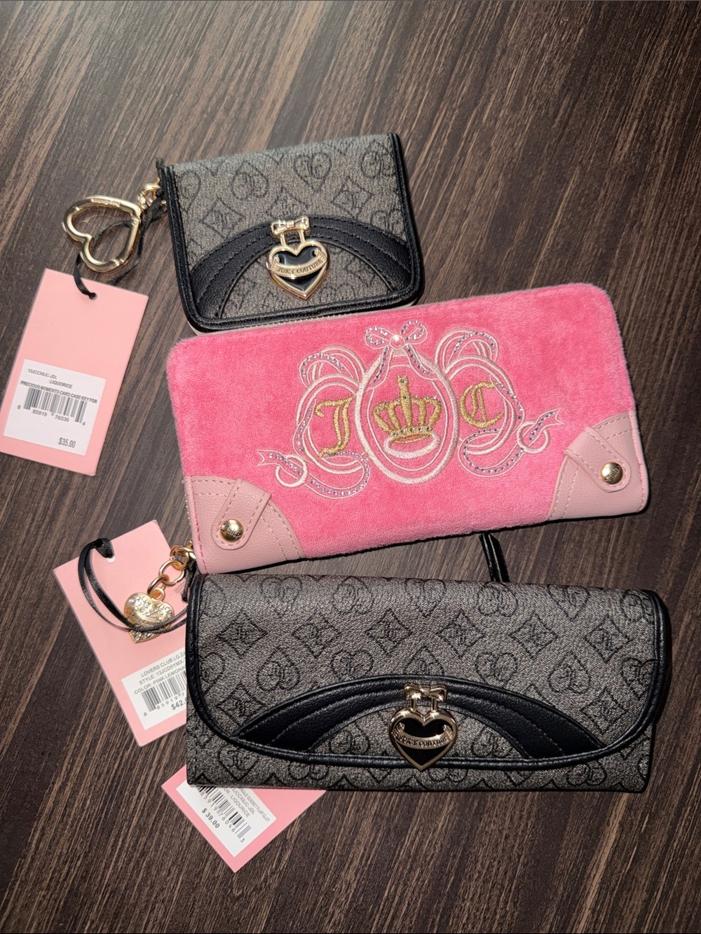 3  Juicy Couture Pink Suede Crown Zip-Around Wallet with Gold Heart Accent